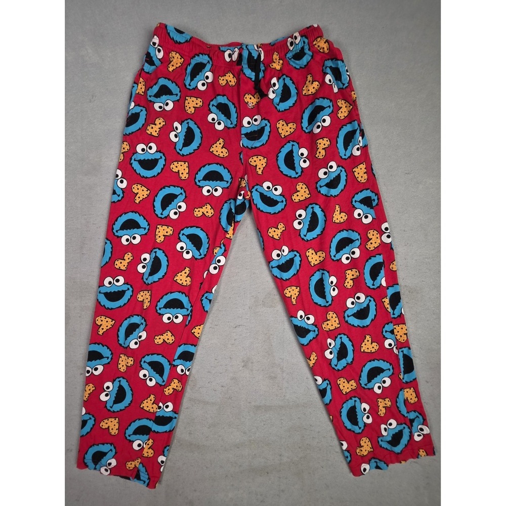 Men's Sesame Street Cookie Monster Pajama Pants Size Medium Red w/ Heart Cookies